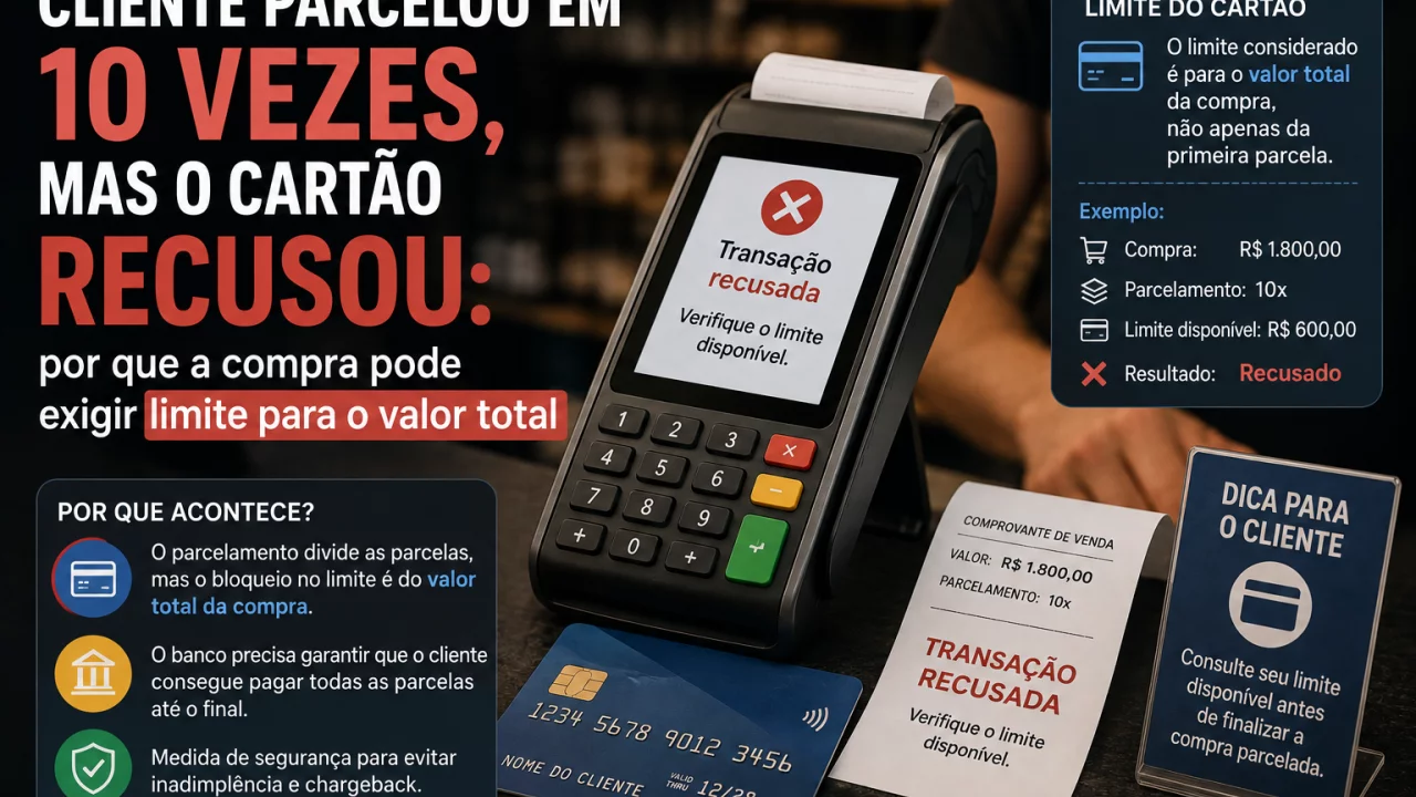 Cliente parcelou em 10 vezes, mas o cartão recusou: por que a compra pode exigir limite para o valor