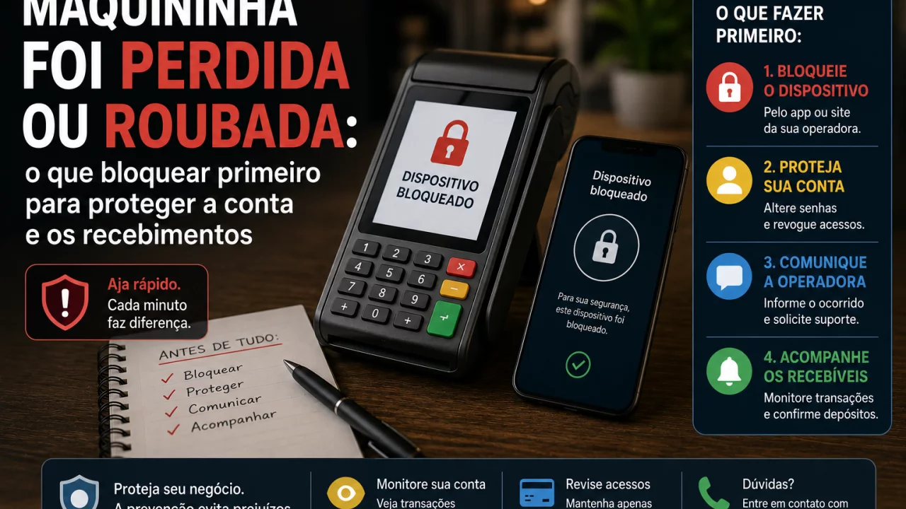 Maquininha foi perdida ou roubada: o que bloquear primeiro para proteger a conta e os recebimentos