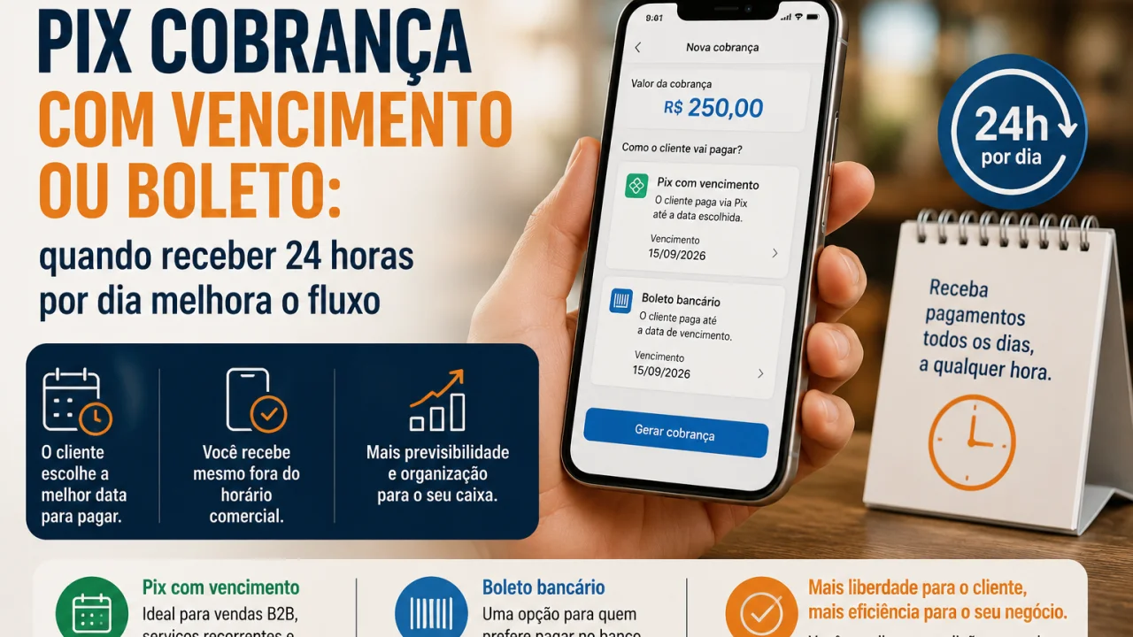 Pix Cobrança com vencimento ou boleto: quando receber 24 horas por dia melhora o fluxo