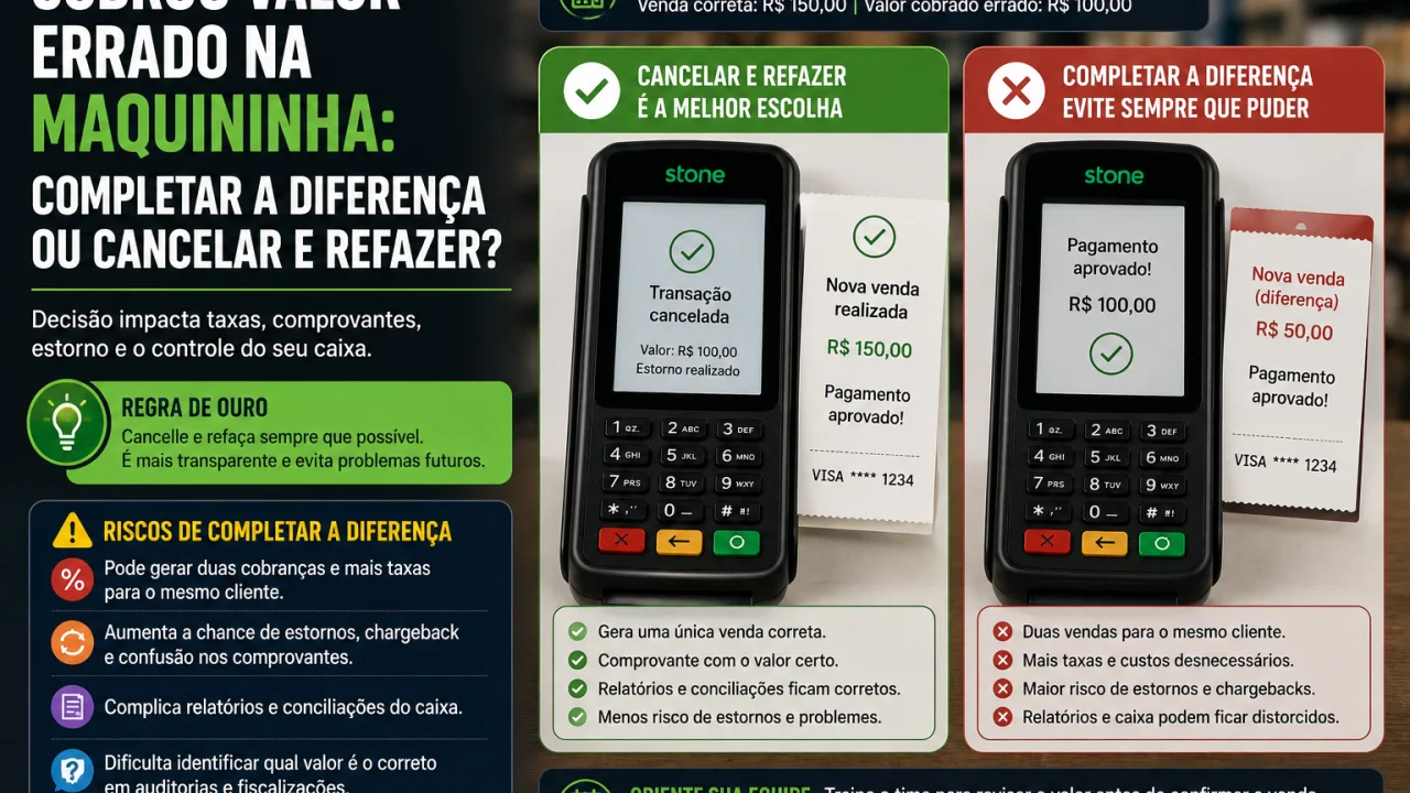 Cobrou valor errado na maquininha: completar a diferença ou cancelar e refazer?